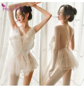 FEE ET MOI Sexy Lace Angel Wings Seethrough Body Sleepwear (White)
